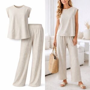 Chenault | 2 Piece Lounge Set | Beige Textured Knit | Button Back Top | Wide Leg